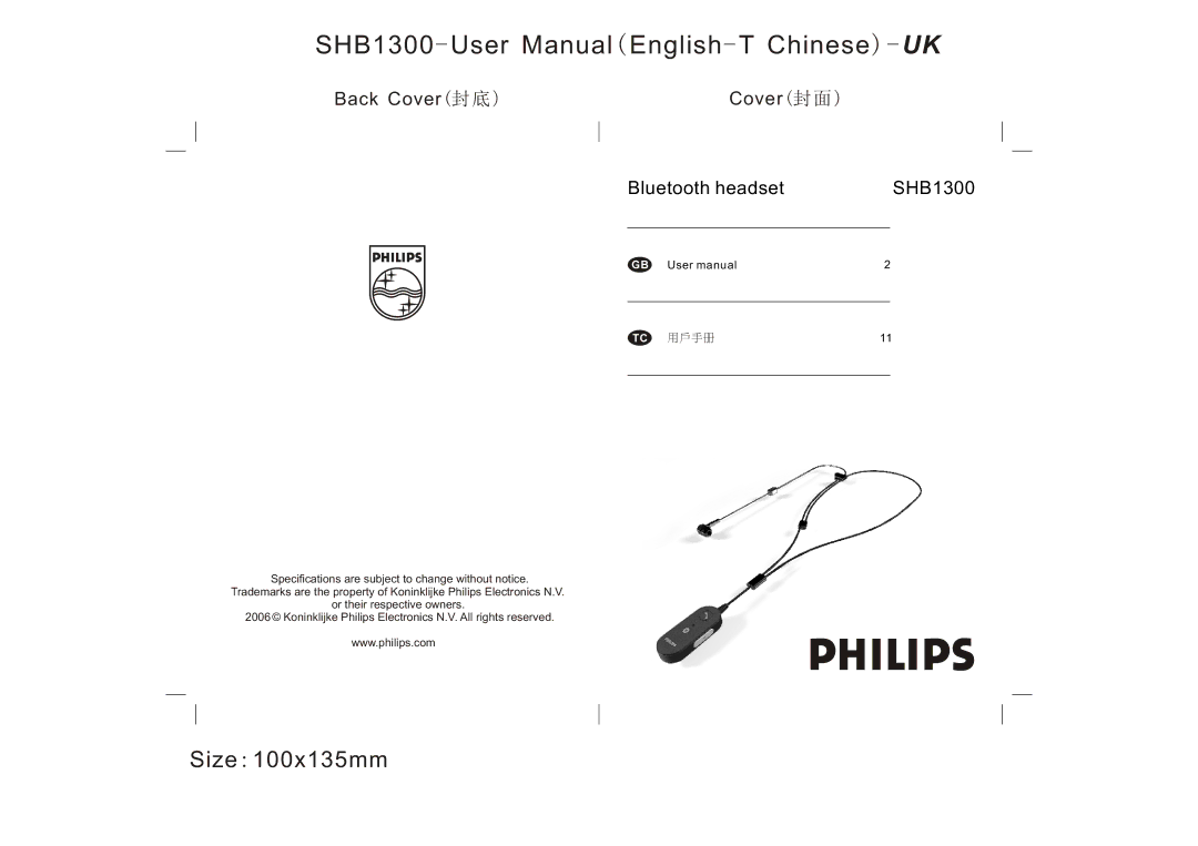 Philips SHB1300 user manual Size100x135mm 