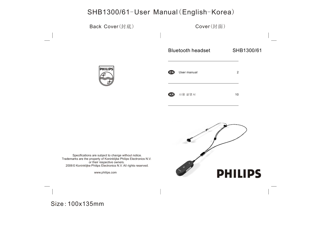 Philips SHB1300/61 user manual Size100x135mm 