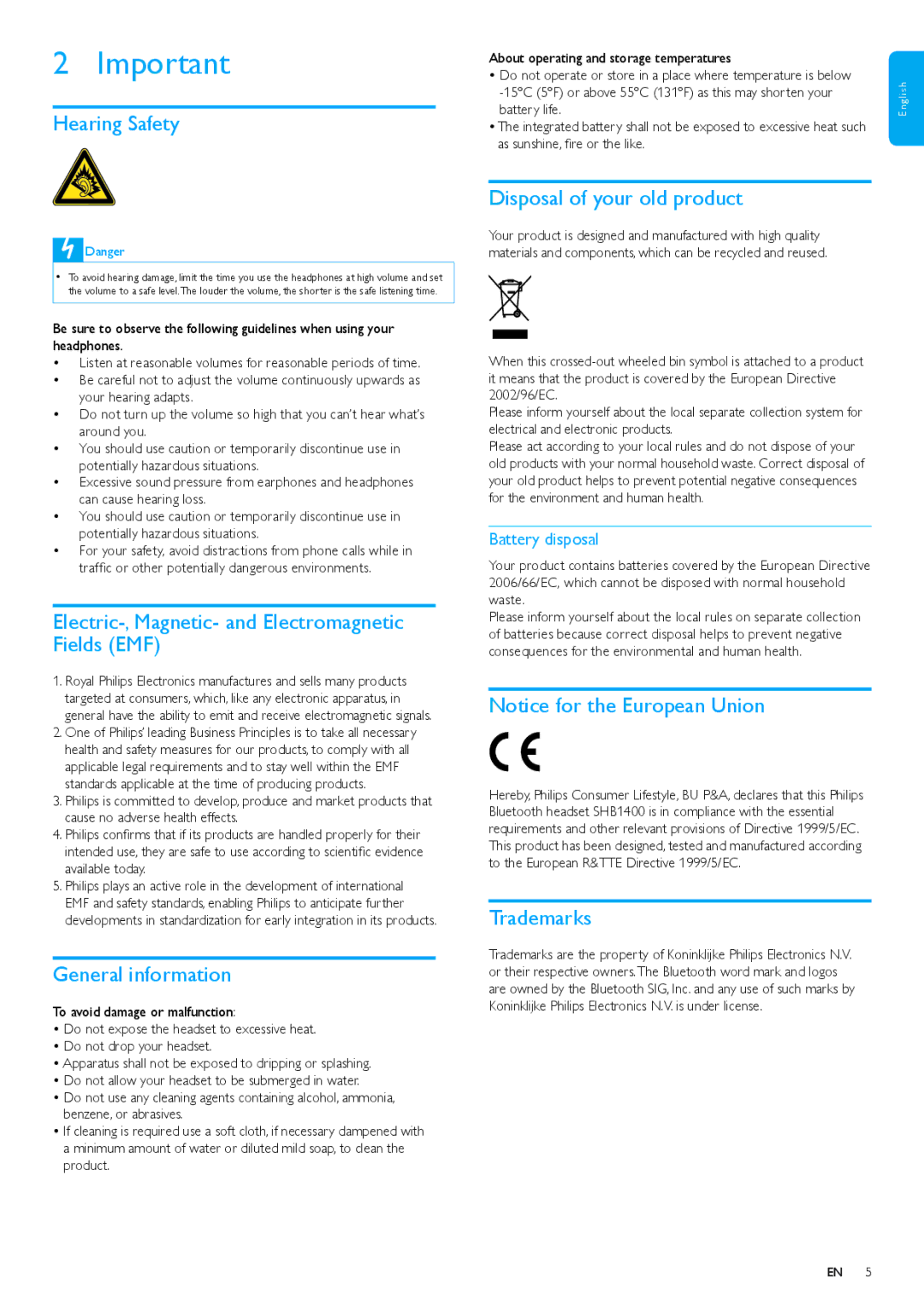 Philips SHB1400 Hearing Safety, Electric-, Magnetic- and Electromagnetic Fields EMF, General information, Trademarks 