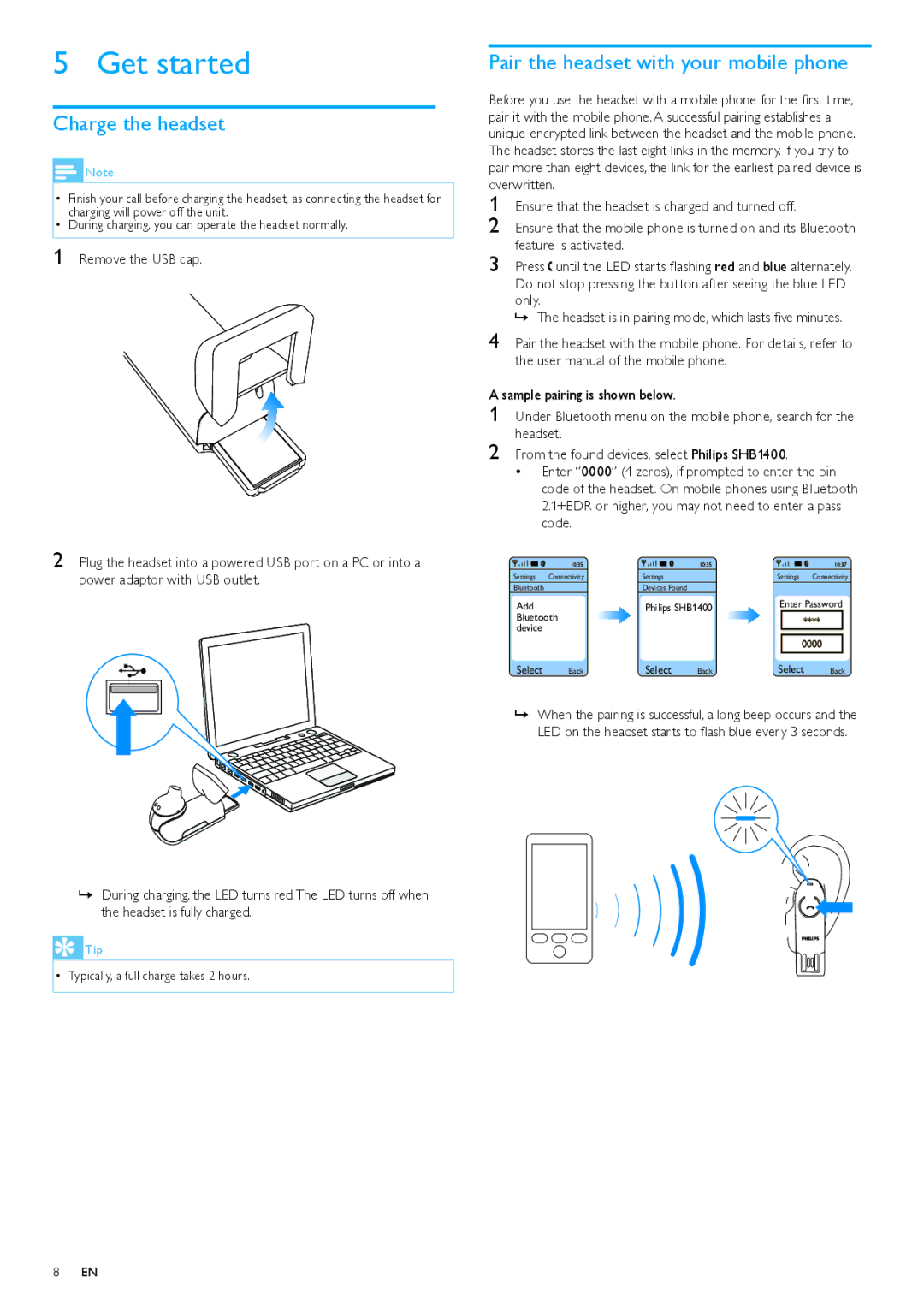 Philips SHB1400/00 user manual Get started, Charge the headset, Pair the headset with your mobile phone 