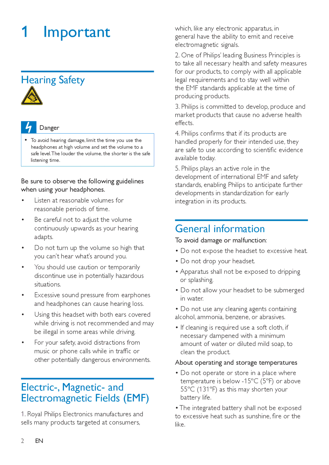 Philips SHB4000 user manual Hearing Safety, General information 