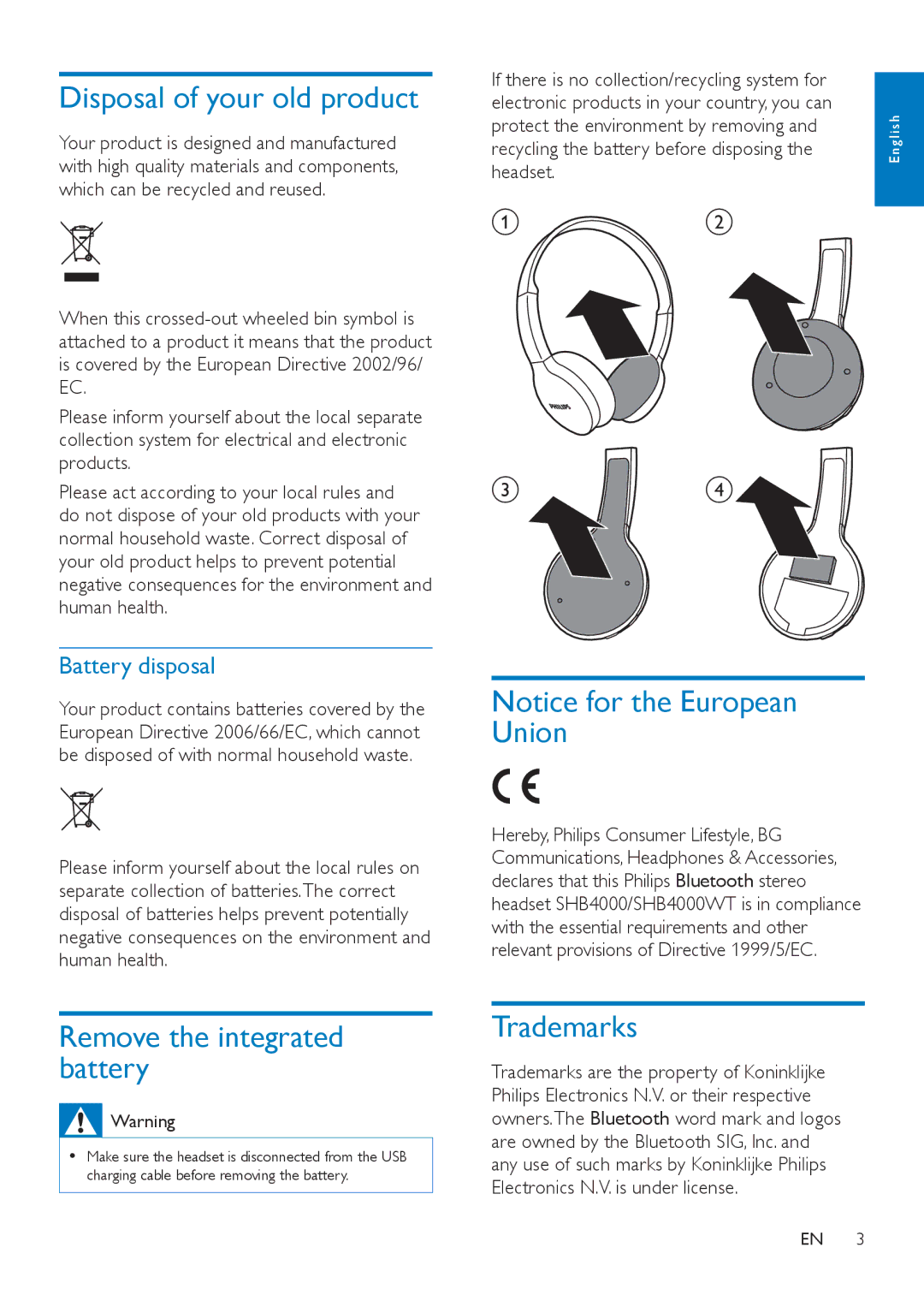 Philips SHB4000 user manual Disposal of your old product, Remove the integrated battery, Union, Trademarks 