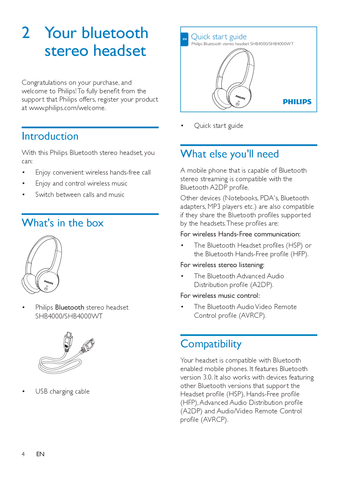 Philips SHB4000 user manual Introduction, Whats in the box, What else youll need, Compatibility 