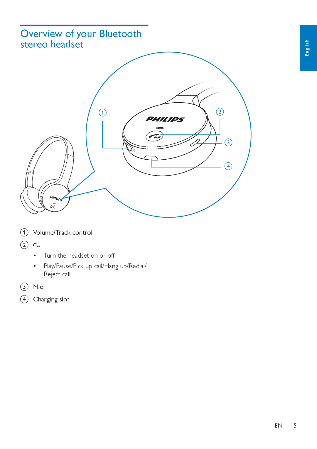 Philips SHB4000 user manual Overview of your Bluetooth stereo headset 