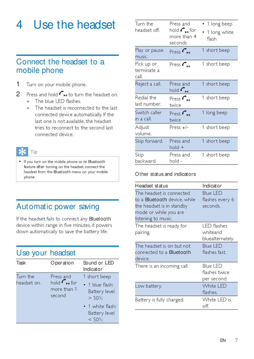 Philips SHB4000 Use the headset, Connect the headset to a mobile phone, Automatic power saving, Use your headset 