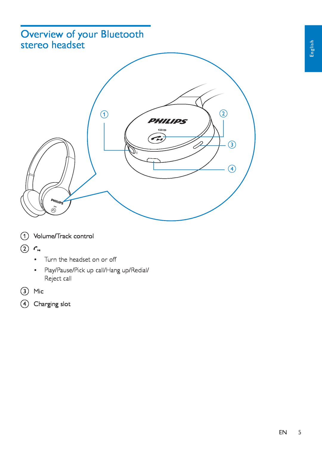 Philips SHB4000 user manual Overview of your Bluetooth stereo headset, AVolume/Track control, Turn the headset on or off 
