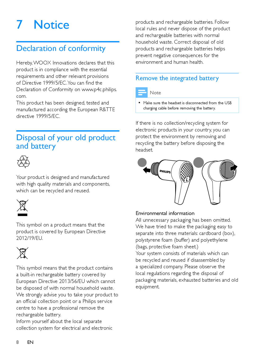 Philips SHB5800 user manual Declaration of conformity, Disposal of your old product and battery, Environmental information 