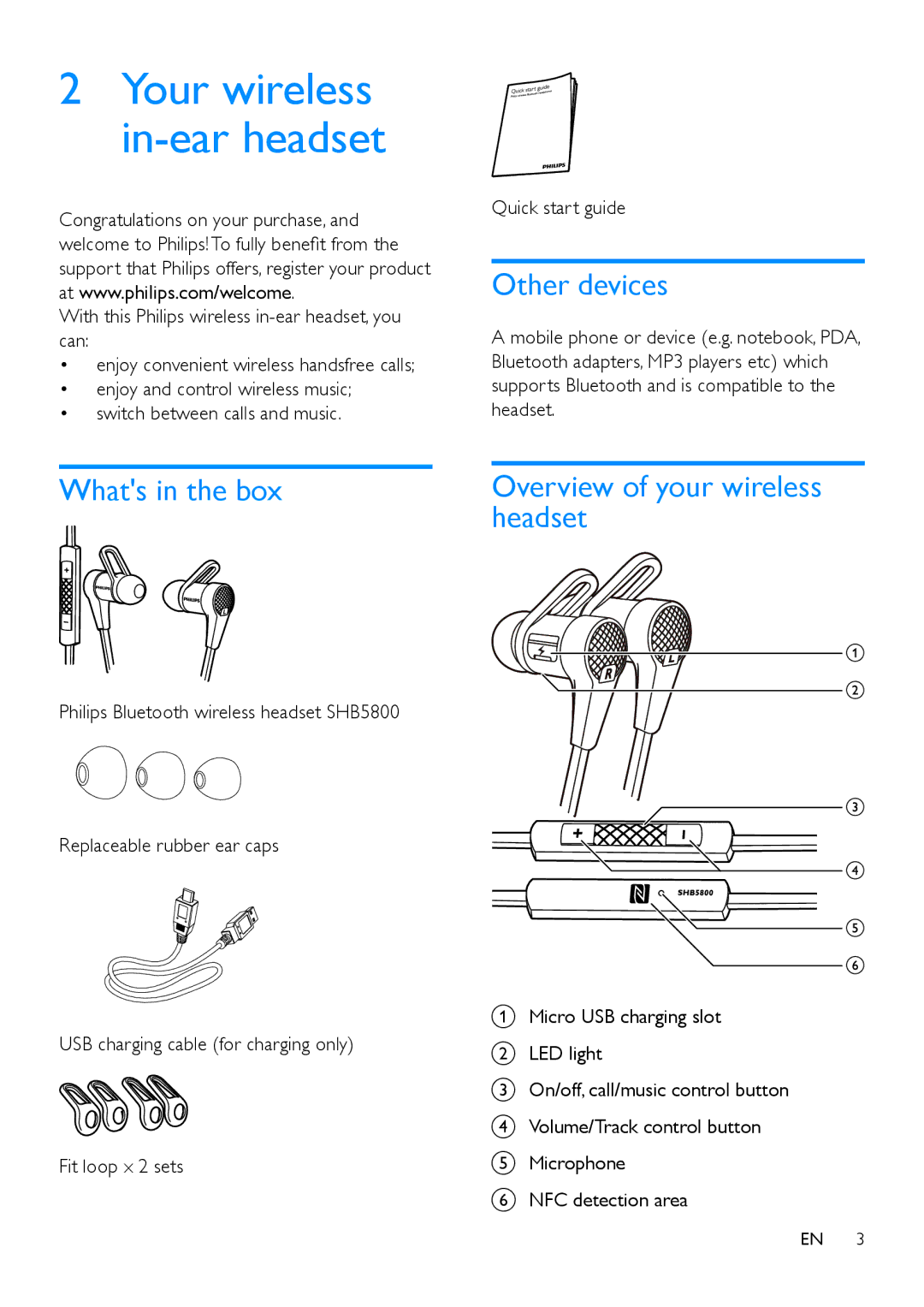 Philips SHB5800 user manual Your wireless in-ear headset, Other devices, Whats in the box Overview of your wireless Headset 