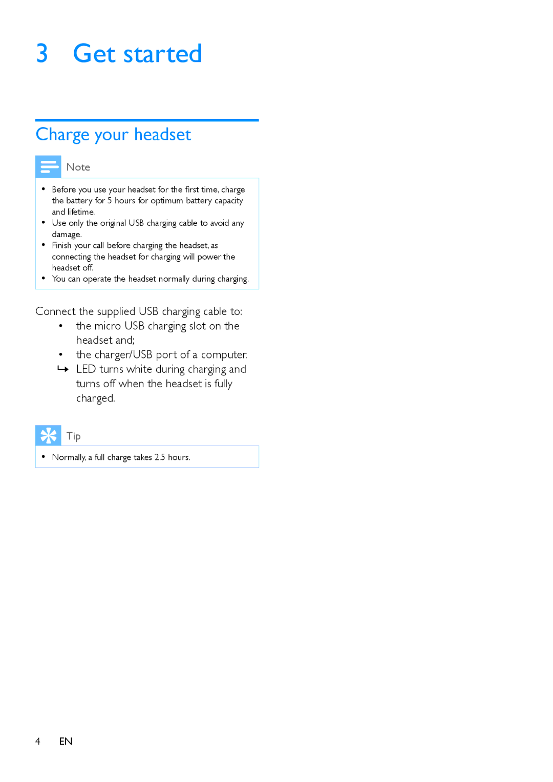 Philips SHB5800 user manual Get started, Charge your headset, Turns off when the headset is fully charged 