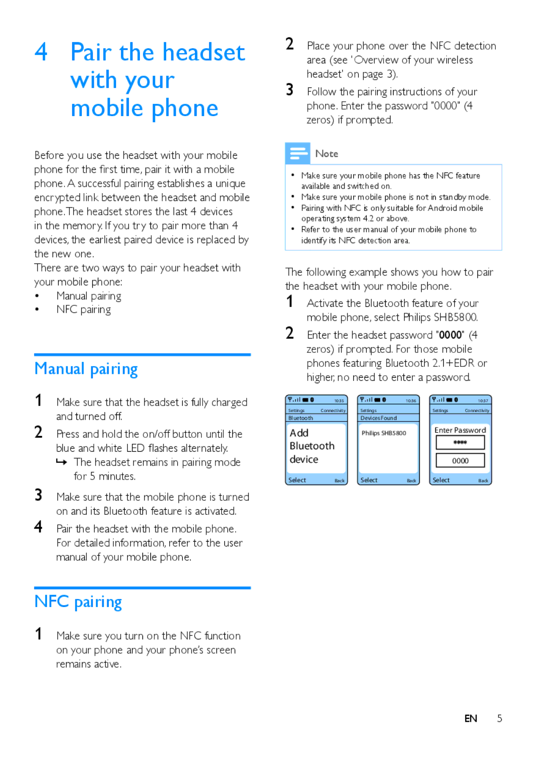 Philips SHB5800 user manual Pair the headset with your mobile phone, Manual pairing, NFC pairing 