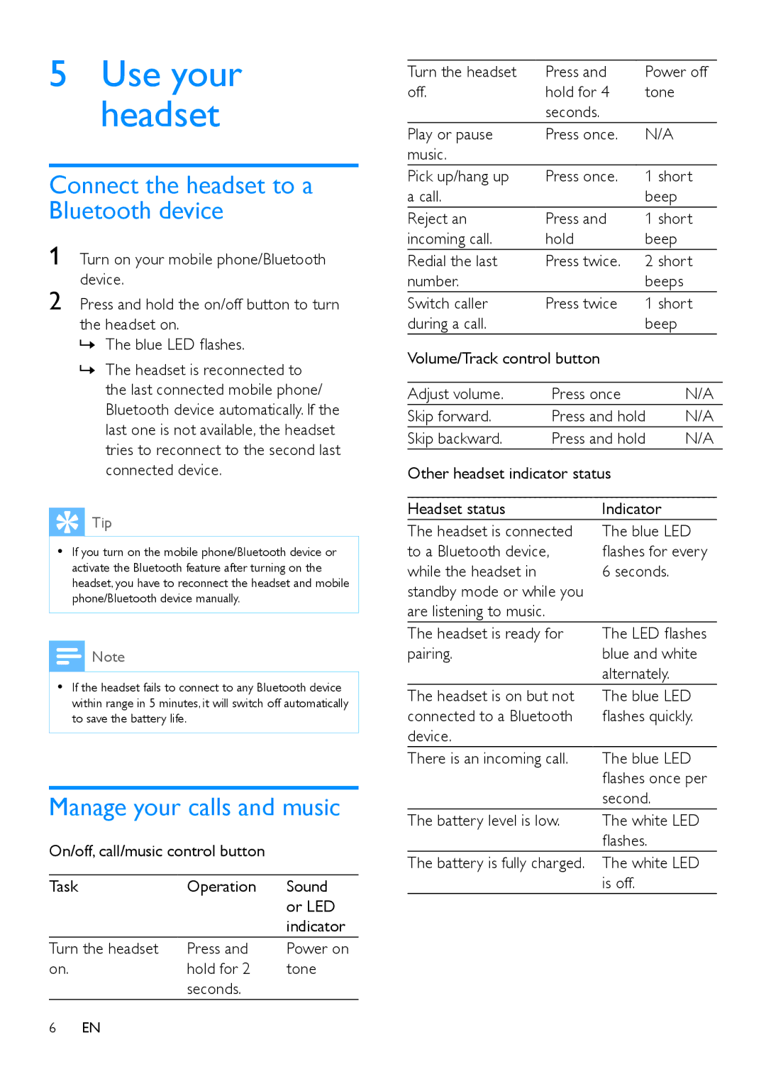 Philips SHB5800 user manual Connect the headset to a Bluetooth device, Manage your calls and music 