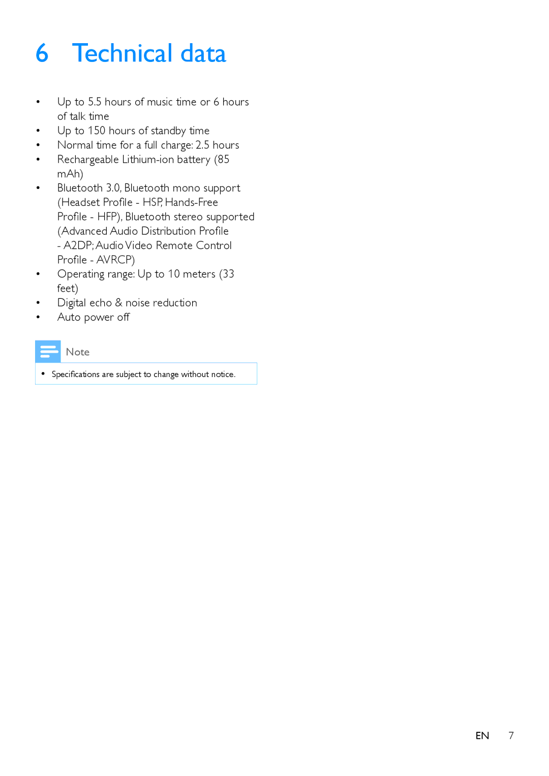 Philips SHB5800 user manual Technical data 