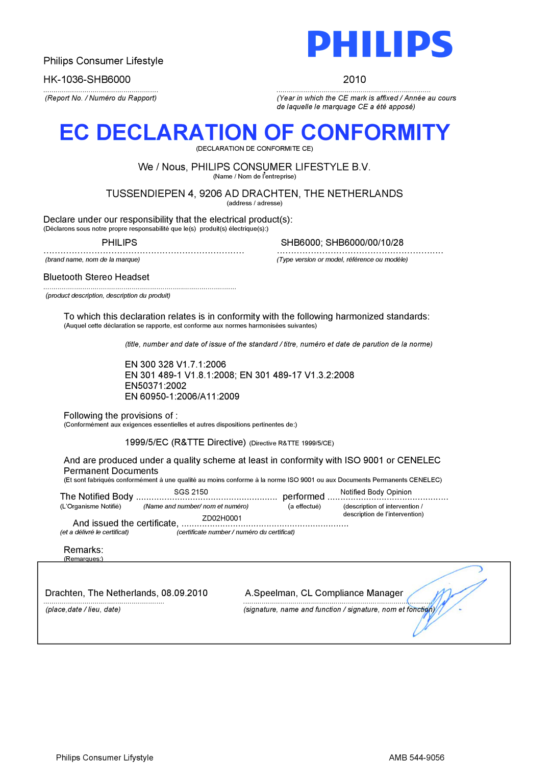 Philips SHB6000/00, SHB6000/28, SHB6000/10 user manual EC Declaration of Conformity 