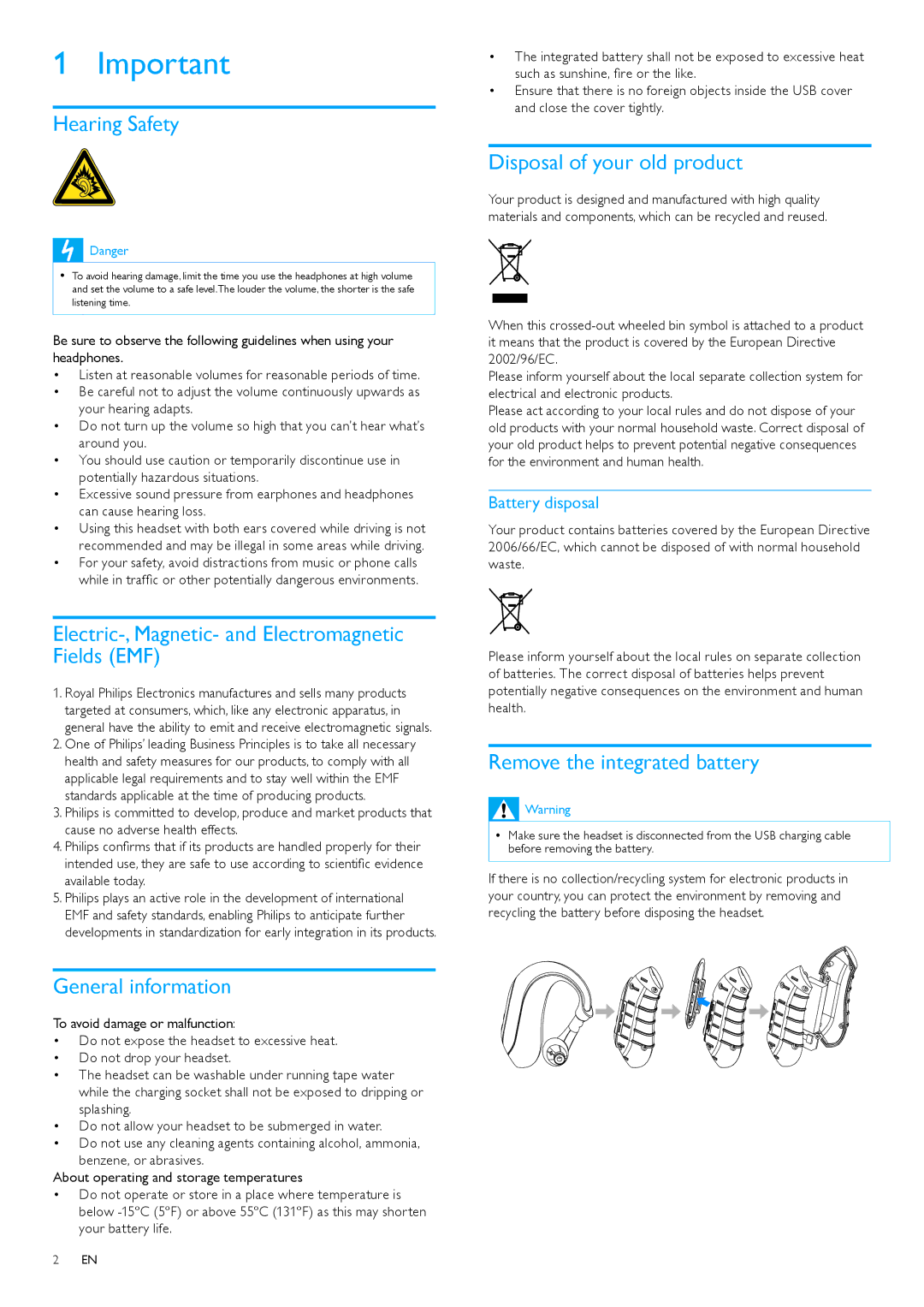 Philips SHB6000/28, SHB6000/10 Hearing Safety, Electric-, Magnetic- and Electromagnetic Fields EMF, General information 