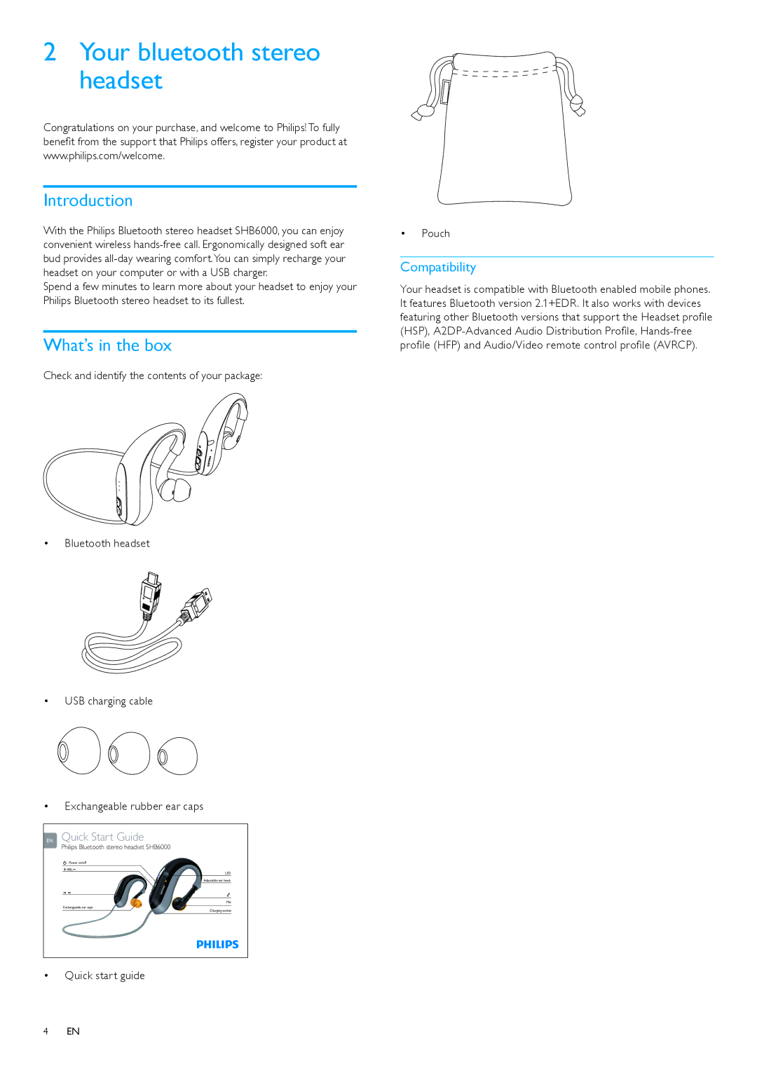 Philips SHB6000/00, SHB6000/28, SHB6000/10 user manual Your bluetooth stereo headset, Introduction, What’s in the box 