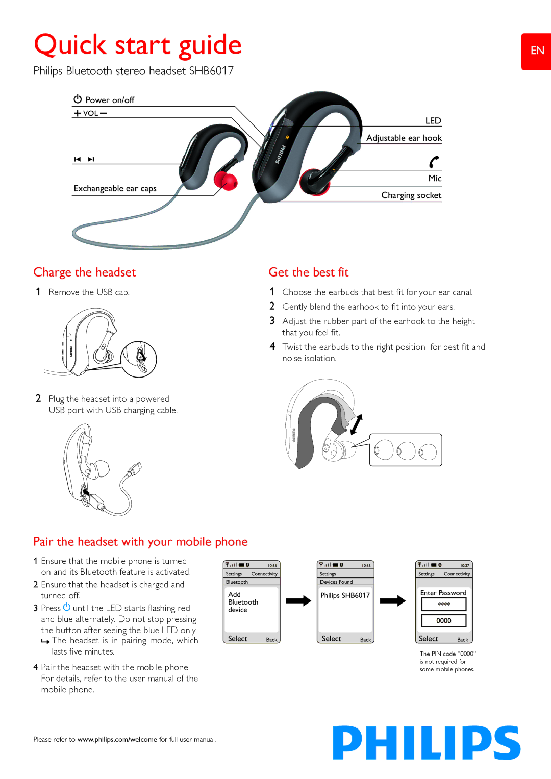 Philips SHB6017 quick start Quick start guide, Charge the headset, Get the best fit 