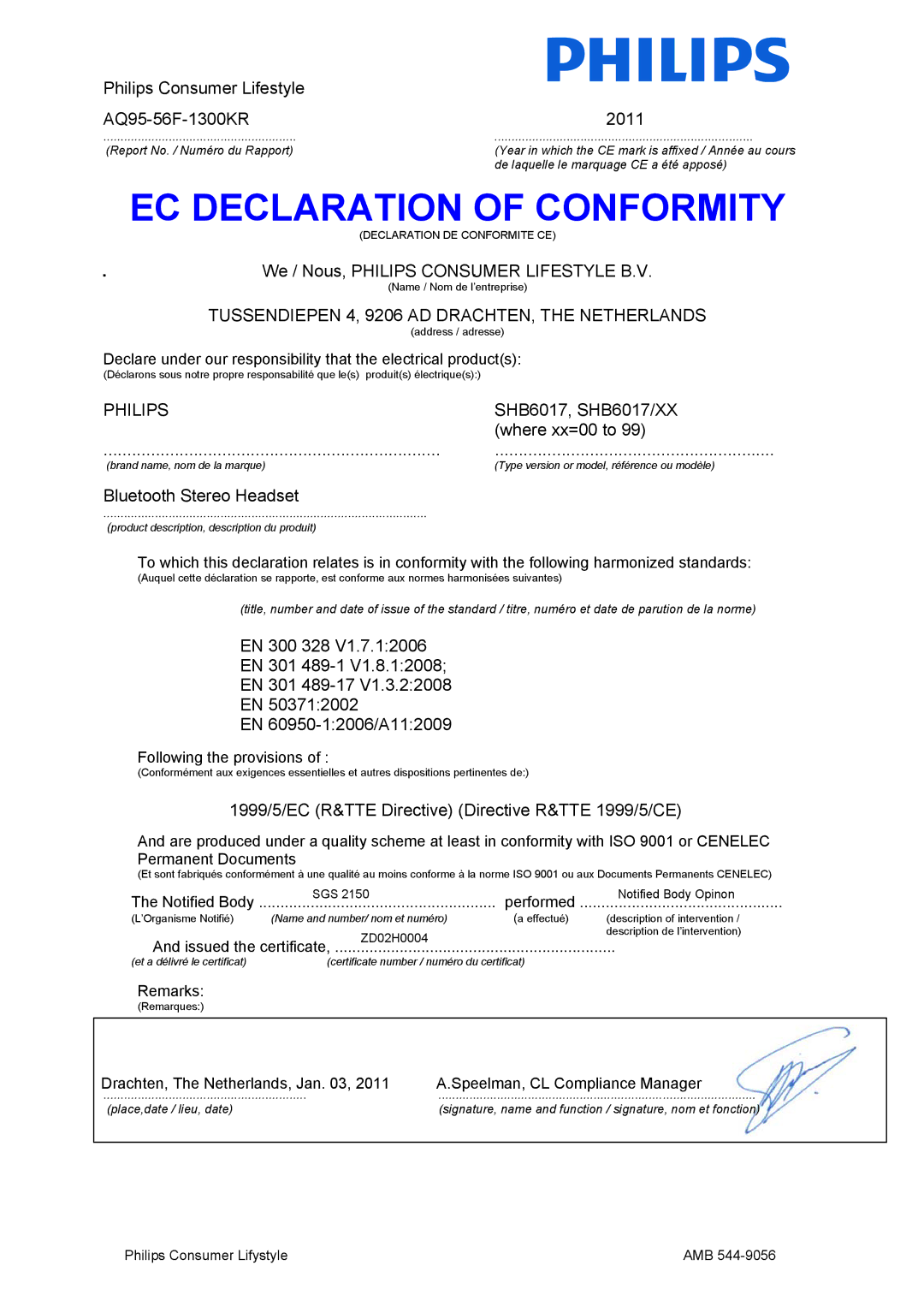 Philips SHB6017/28, SHB6017/10 user manual EC Declaration of Conformity 