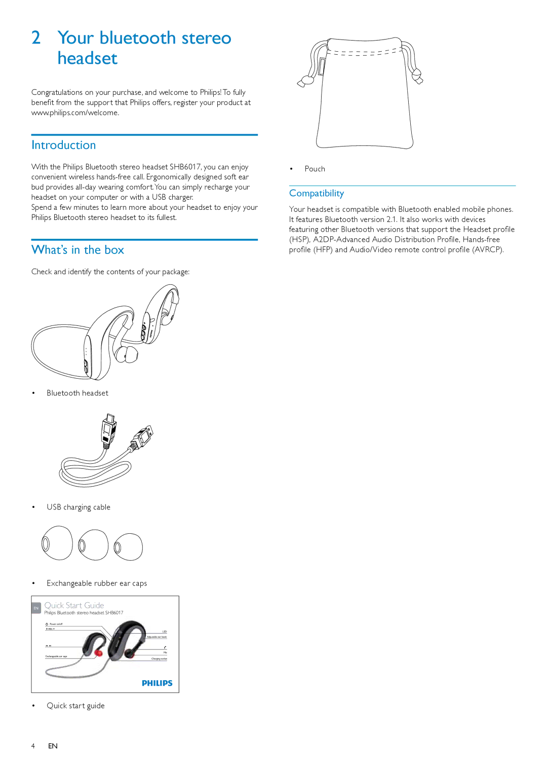 Philips SHB6017/28, SHB6017/10 user manual Your bluetooth stereo headset, Introduction, What’s in the box 