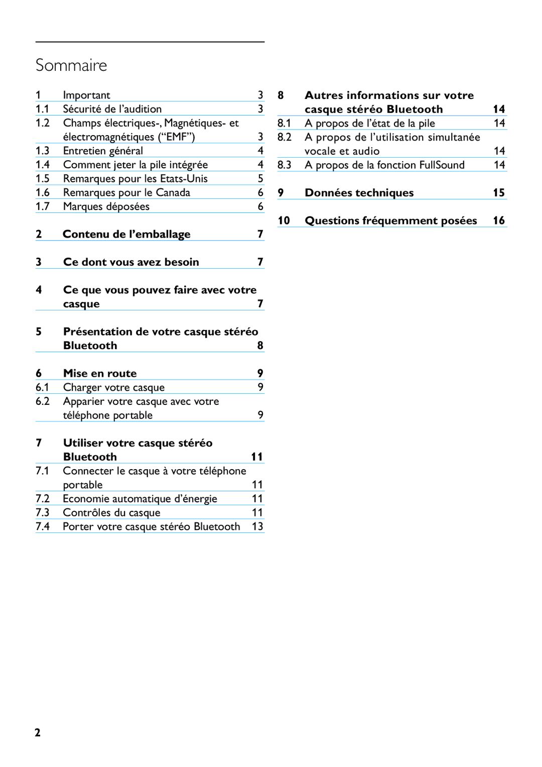 Philips SHB6110 manual Sommaire, Utiliser votre casque stéréo Bluetooth11 