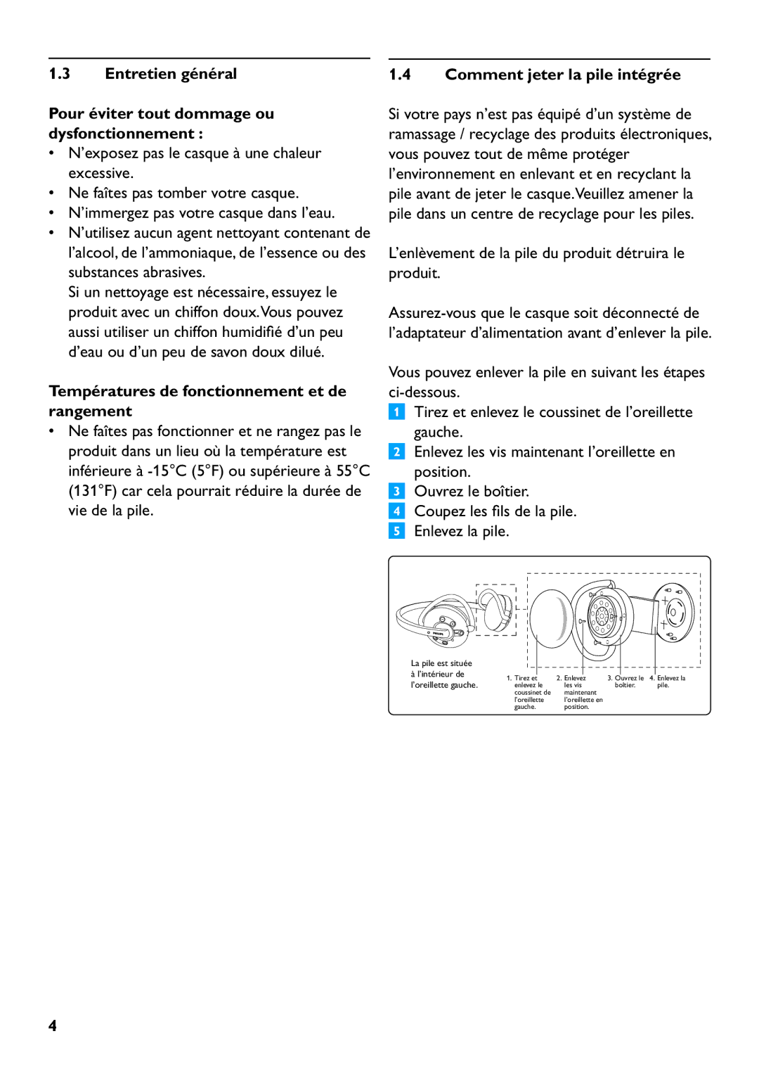 Philips SHB6110 manual Températures de fonctionnement et de rangement, Comment jeter la pile intégrée 