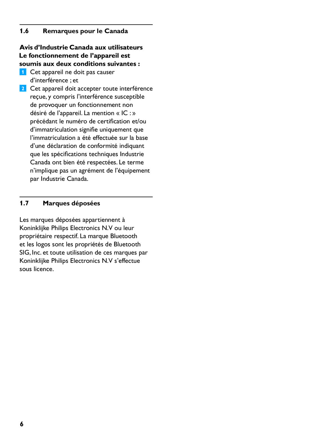 Philips SHB6110 manual Remarques pour le Canada, Cet appareil ne doit pas causer d’interférence et, Marques déposées 