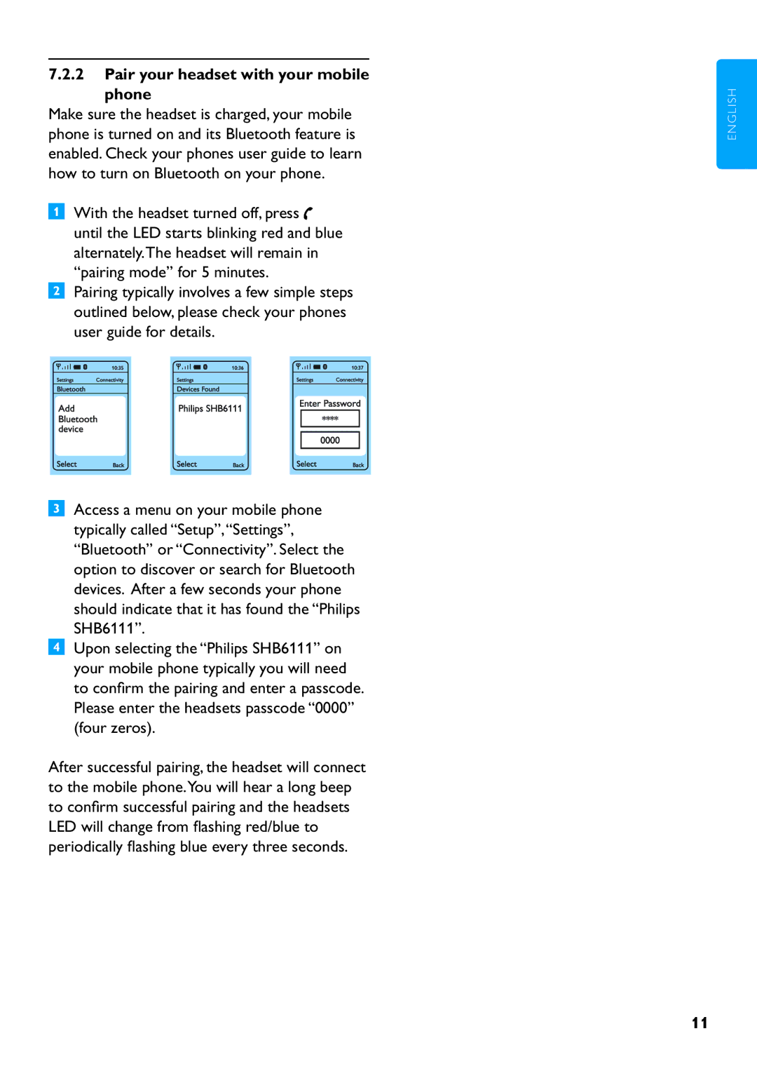 Philips SHB6111 manual Pair your headset with your mobile phone 