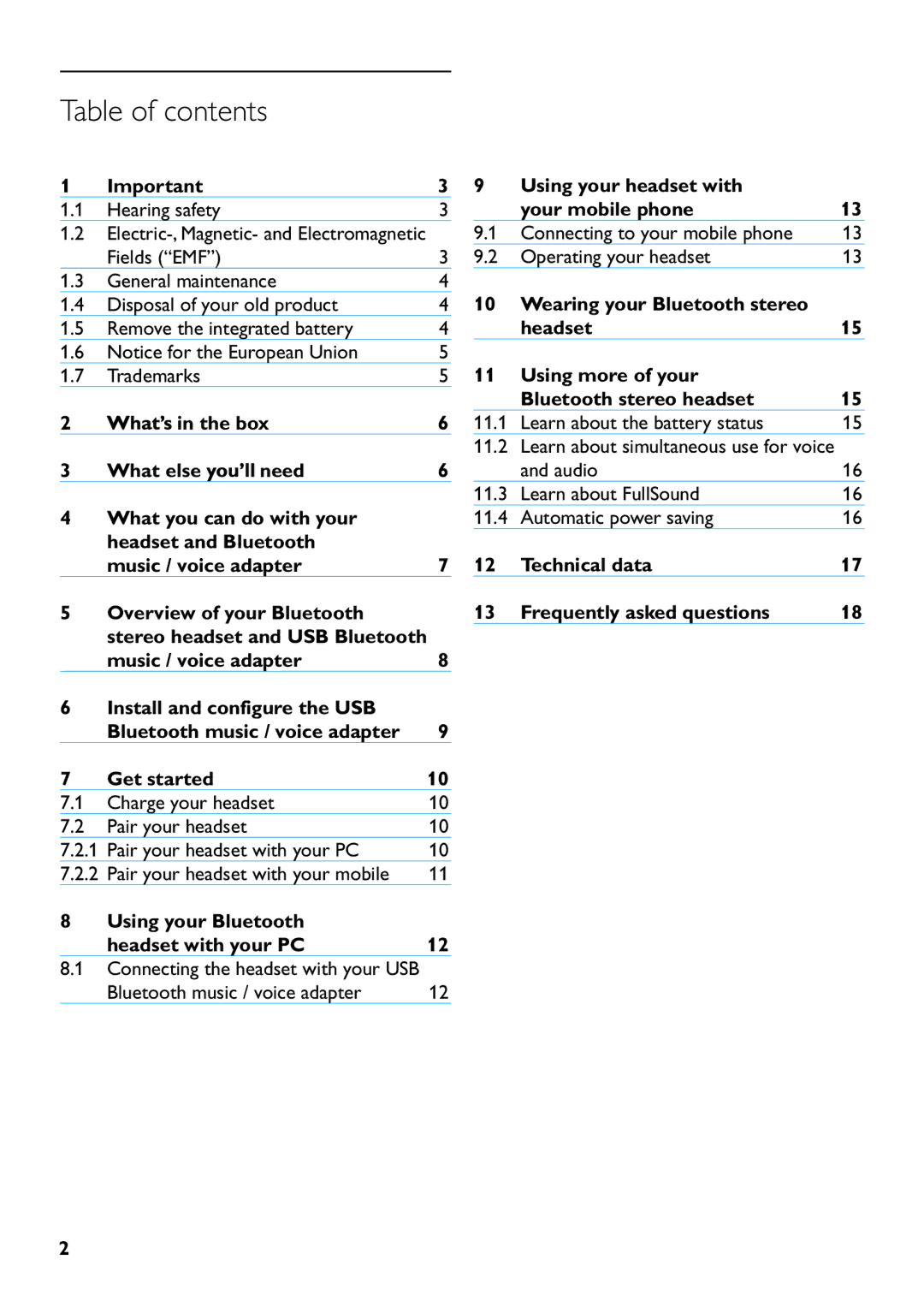 Philips SHB6111 manual Table of contents 