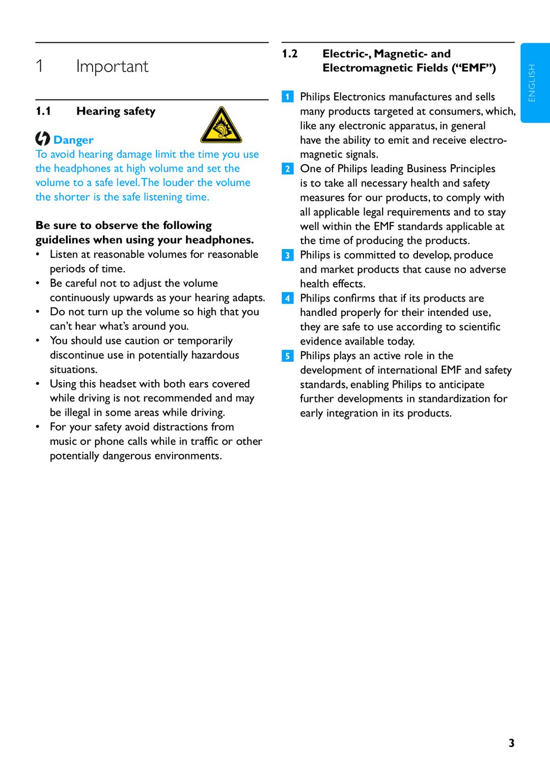 Philips SHB6111 manual Hearing safety, Electric-, Magnetic- and Electromagnetic Fields EMF 