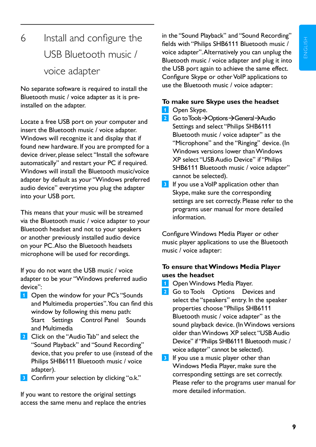 Philips SHB6111 manual To make sure Skype uses the headset, To ensure that Windows Media Player uses the headset 