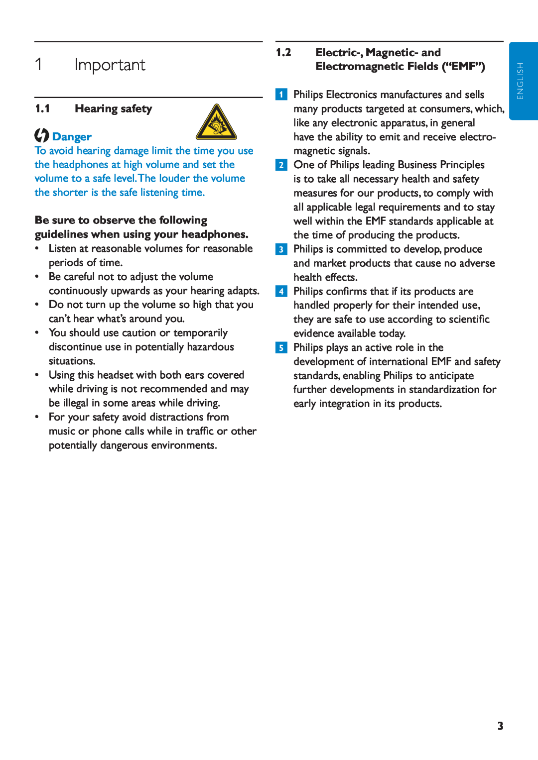 Philips SHB6111 manual 1.1Hearing safety 