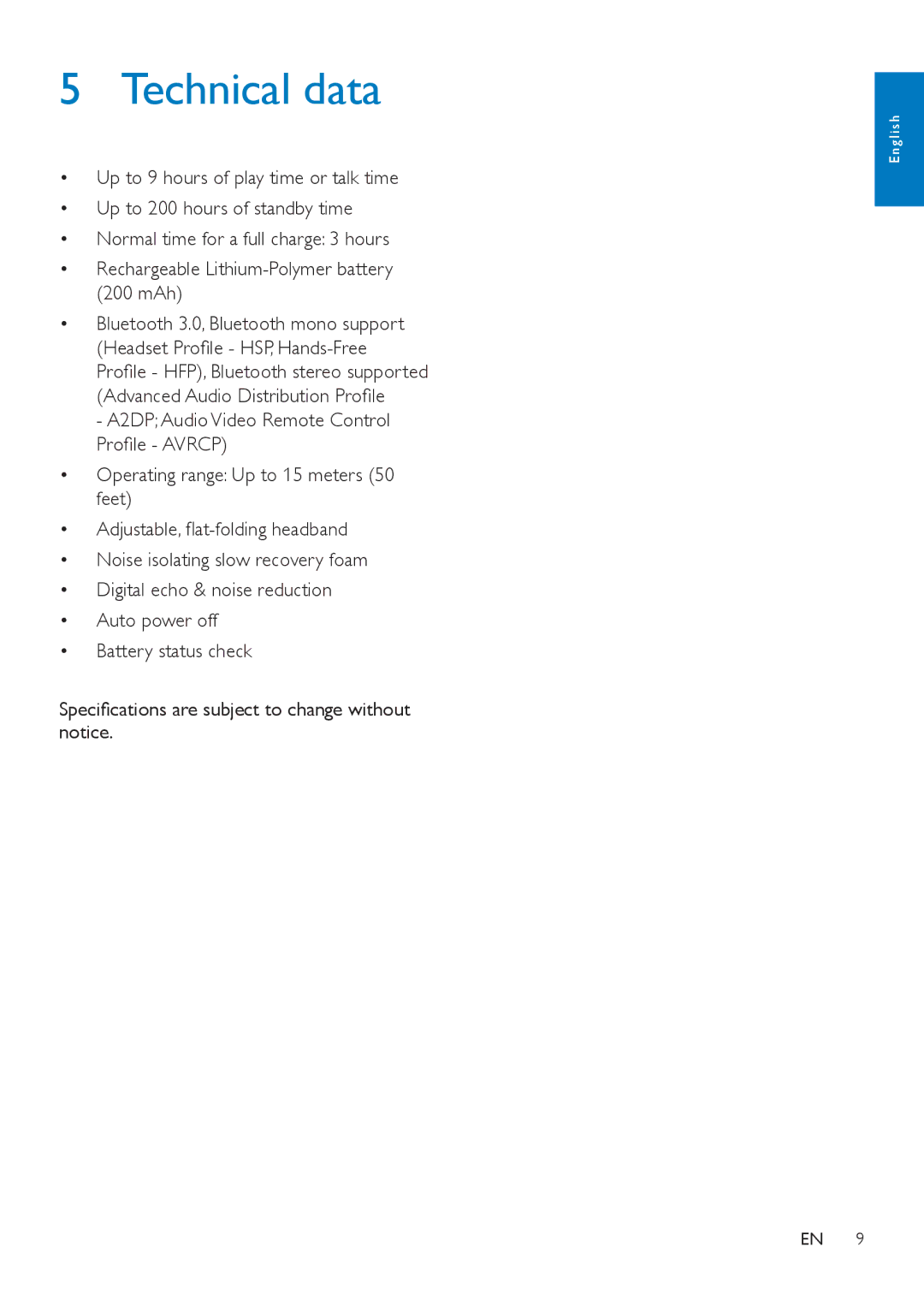 Philips SHB7000 user manual Technical data 