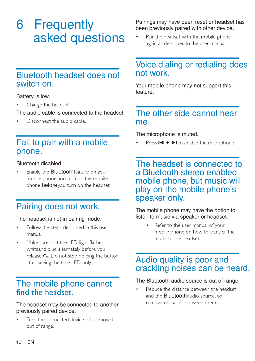 Philips SHB7000 user manual Bluetooth headset does not switch on, Fail to pair with a mobile phone, Pairing does not work 