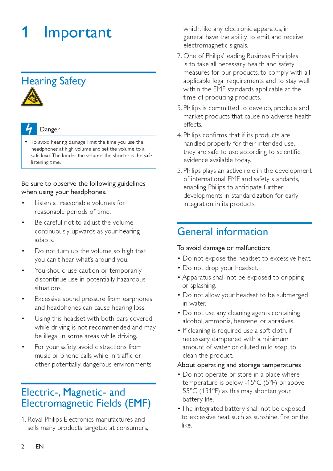 Philips SHB7000 user manual Hearing Safety, General information, Electric-, Magnetic- and Electromagnetic Fields EMF 