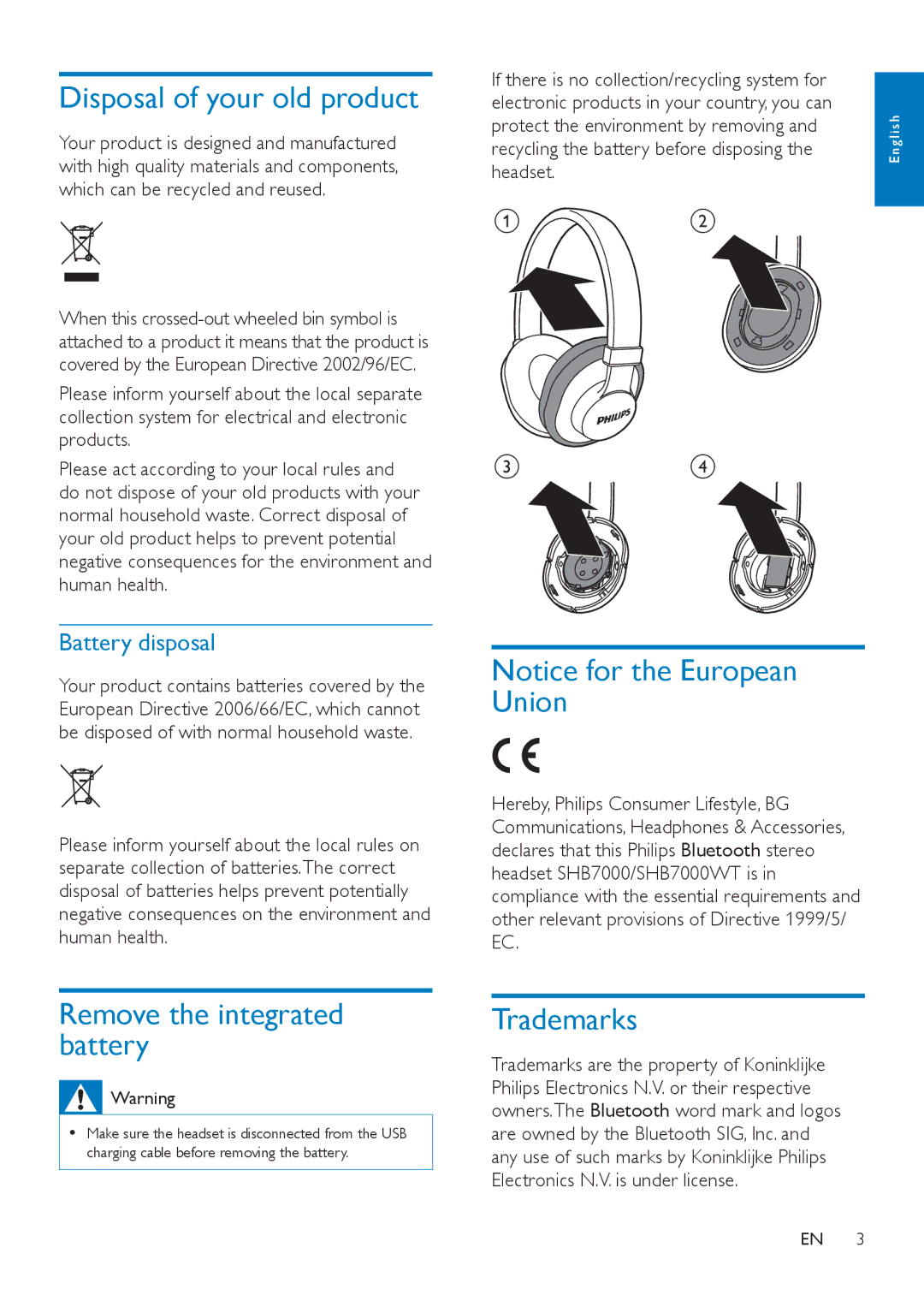 Philips SHB7000 user manual Disposal of your old product, Union, Remove the integrated battery, Trademarks 