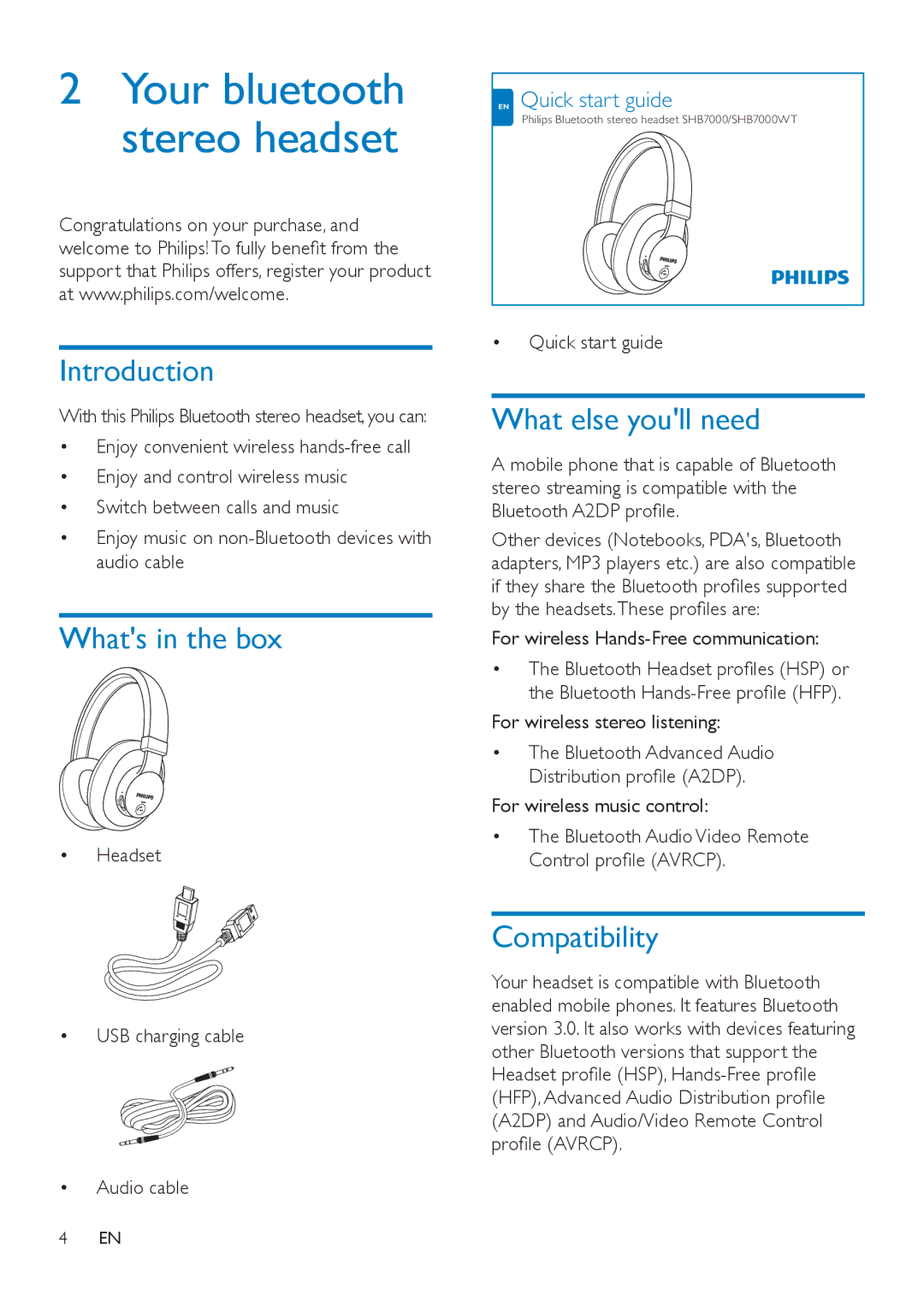 Philips SHB7000 user manual Introduction, Whats in the box, What else youll need, Compatibility 