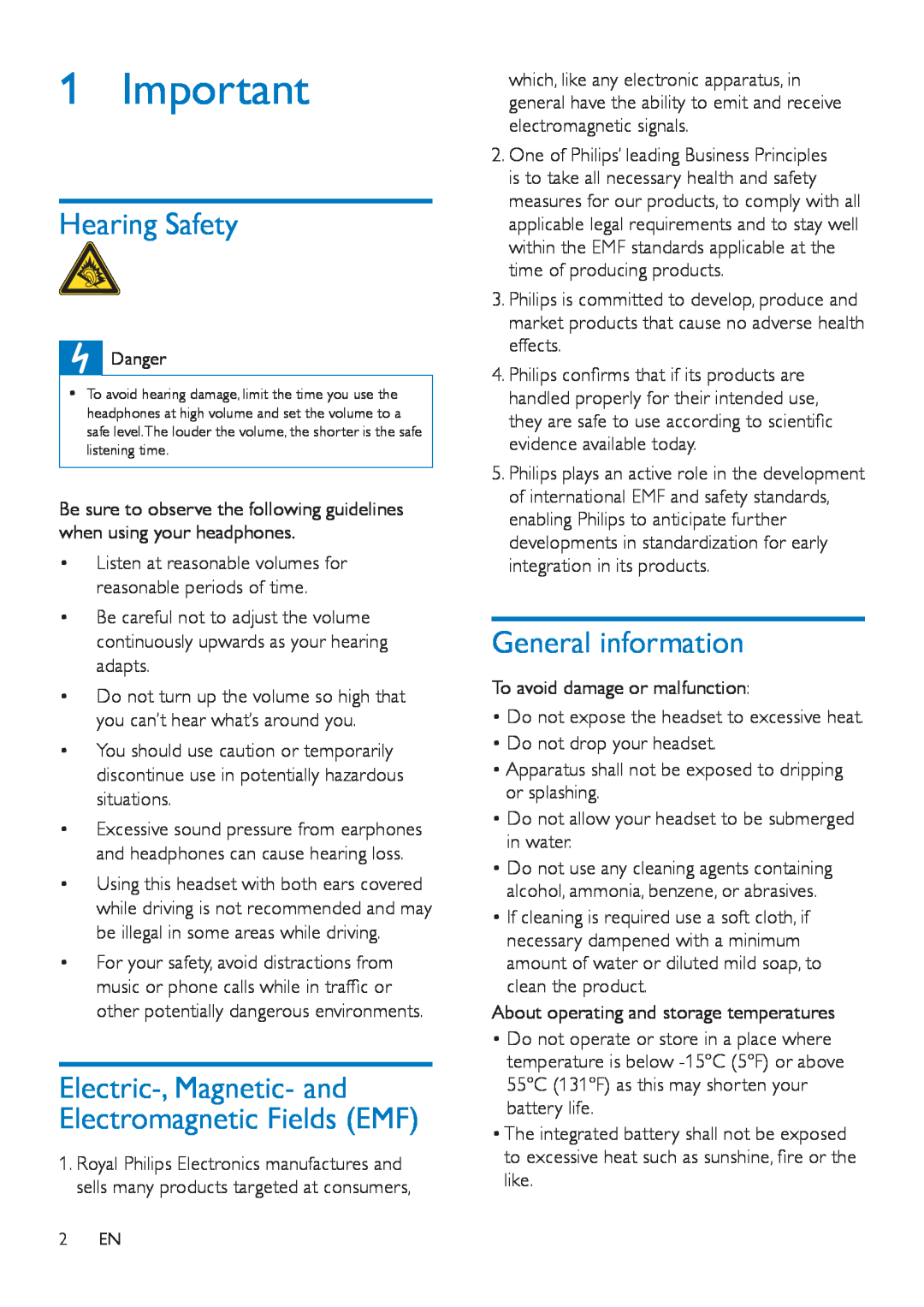 Philips SHB7000 user manual Hearing Safety, General information 