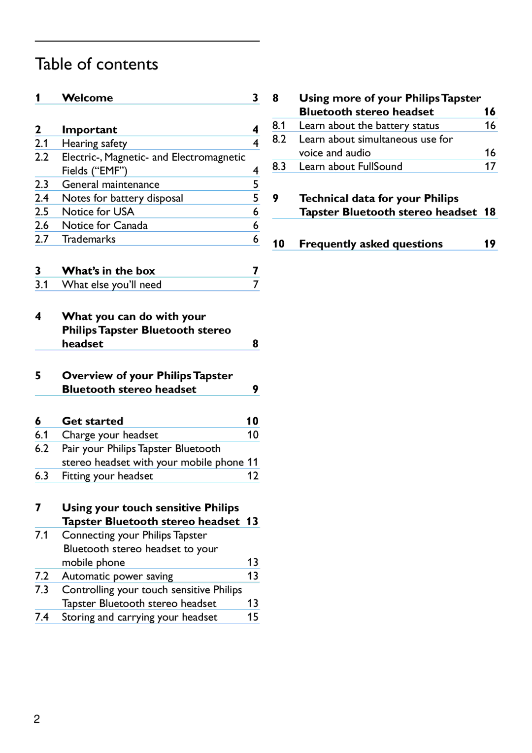 Philips SHB7110/37 manual Table of contents 