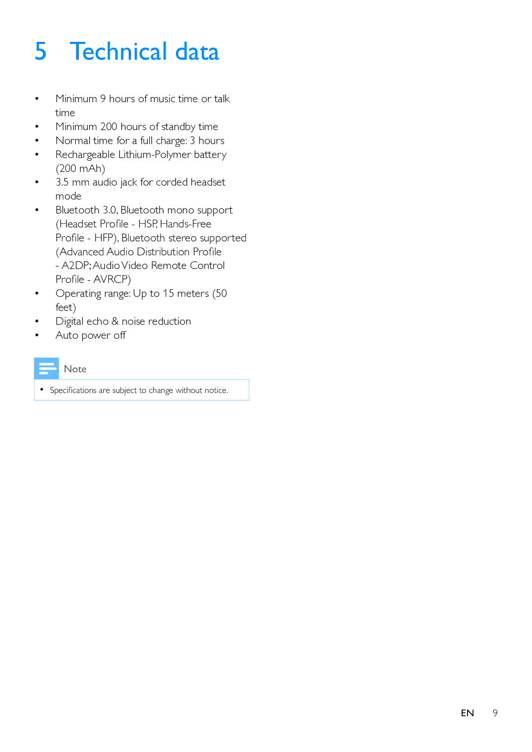 Philips SHB7150 user manual Technical data 