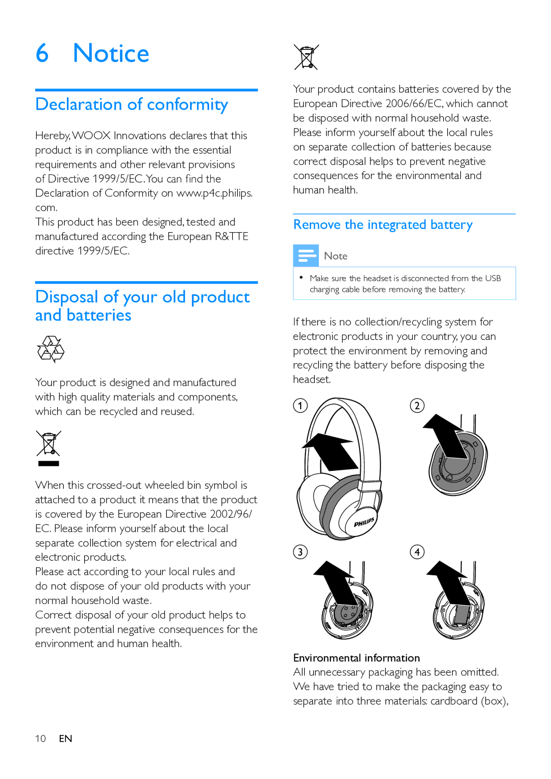 Philips SHB7150 Declaration of conformity, Disposal of your old product and batteries, Environmental information 