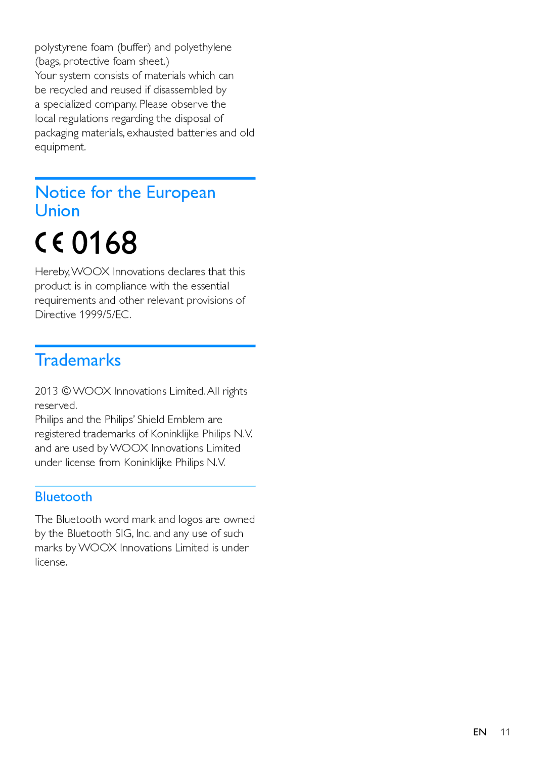 Philips SHB7150 user manual Trademarks, Woox Innovations Limited. All rights reserved 