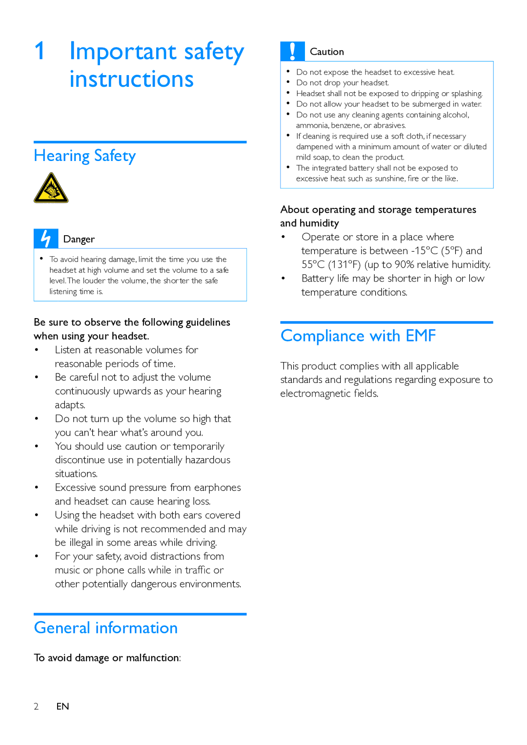 Philips SHB7150 user manual Hearing Safety, General information, Compliance with EMF, To avoid damage or malfunction 