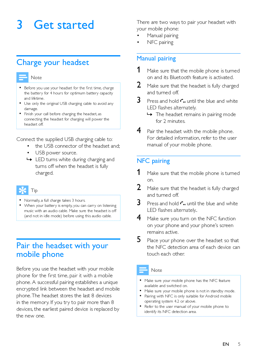 Philips SHB7150 user manual Charge your headset, Pair the headset with your mobile phone 