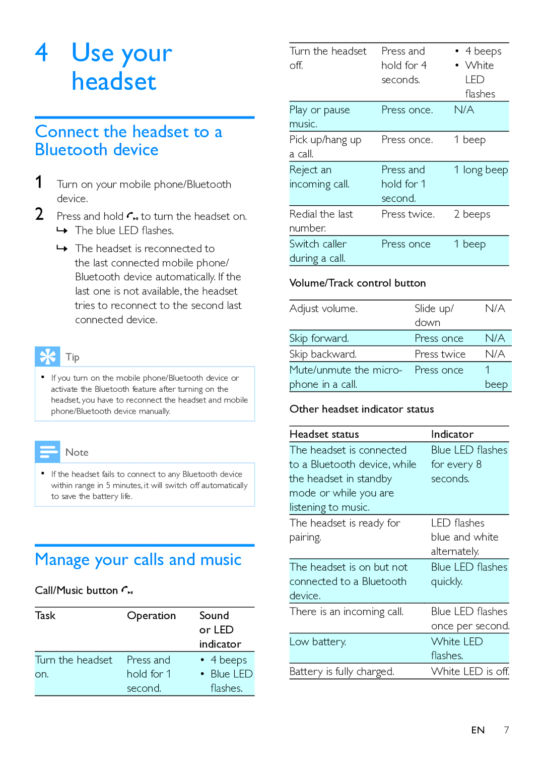 Philips SHB7150 user manual Connect the headset to a Bluetooth device, Manage your calls and music 