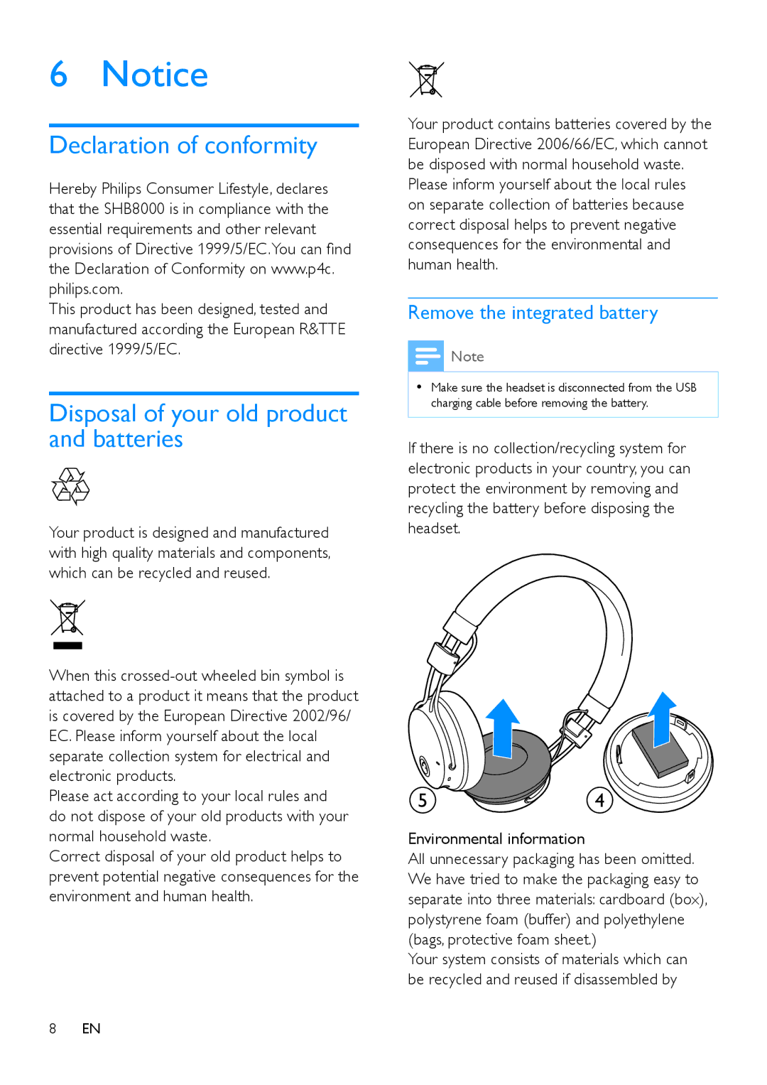 Philips SHB8000 Declaration of conformity, Disposal of your old product and batteries, Environmental information 