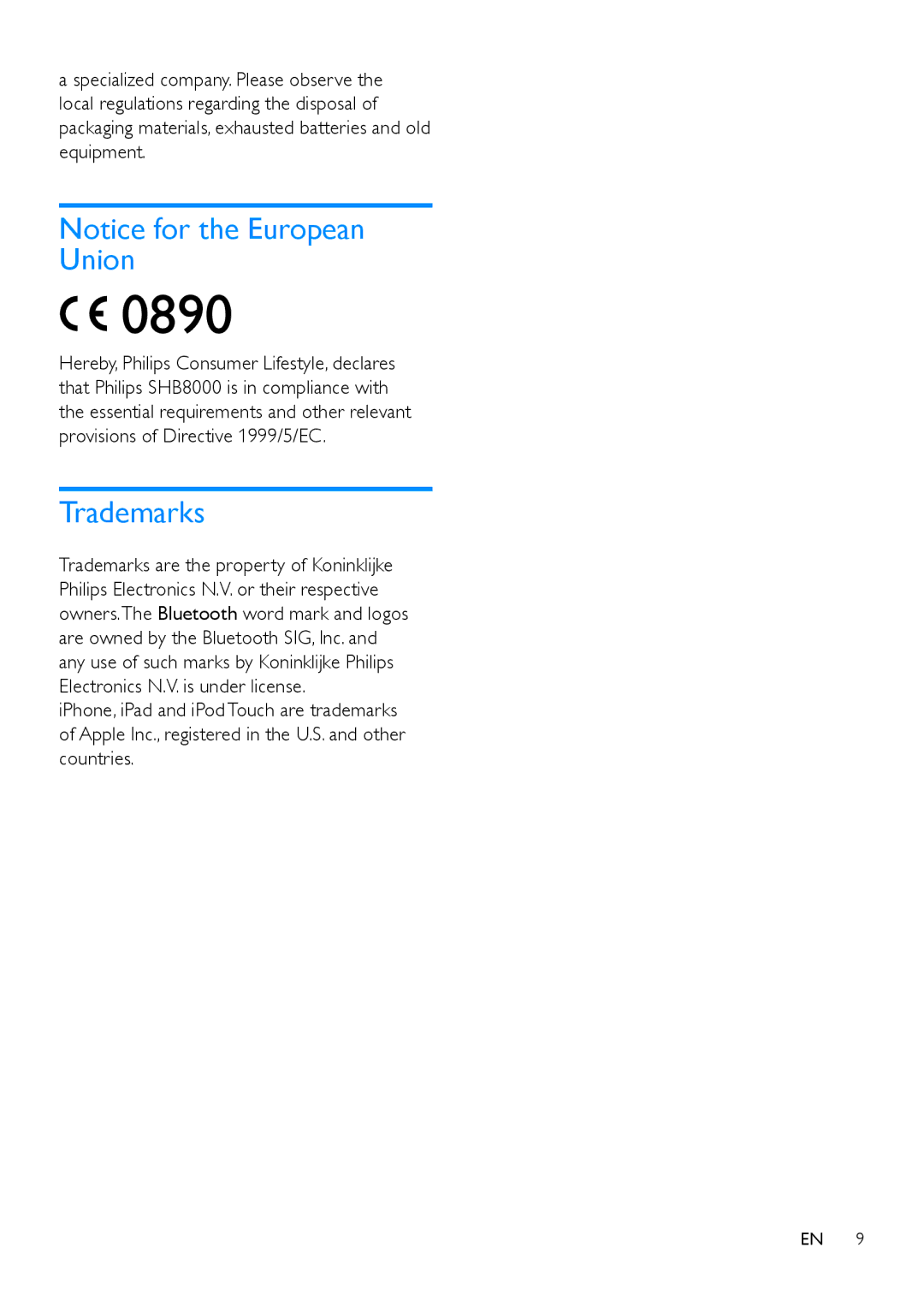 Philips SHB8000 user manual 0890, Trademarks 