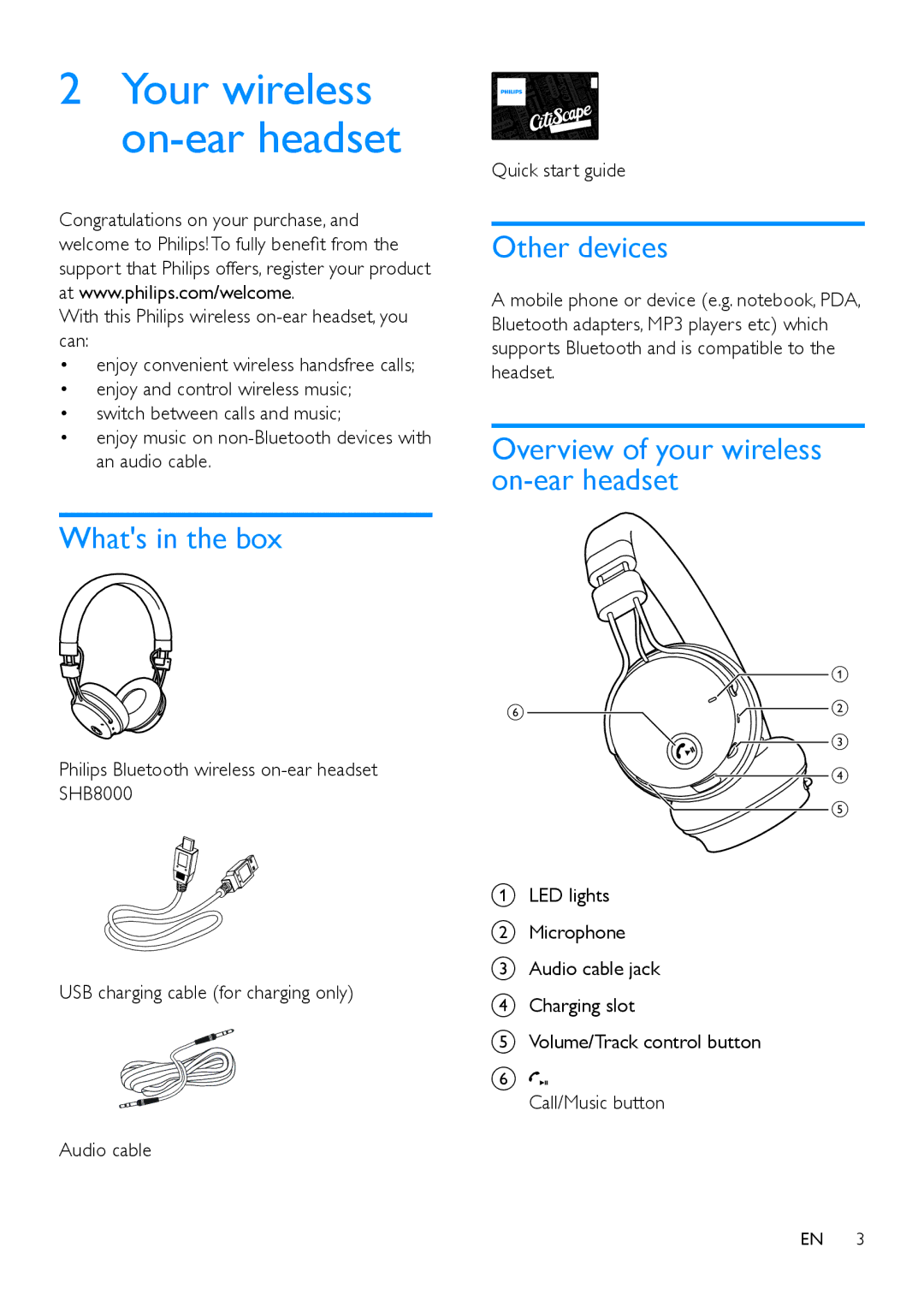 Philips SHB8000 user manual Whats in the box, Other devices, Overview of your wireless on-ear headset, Quick start guide 