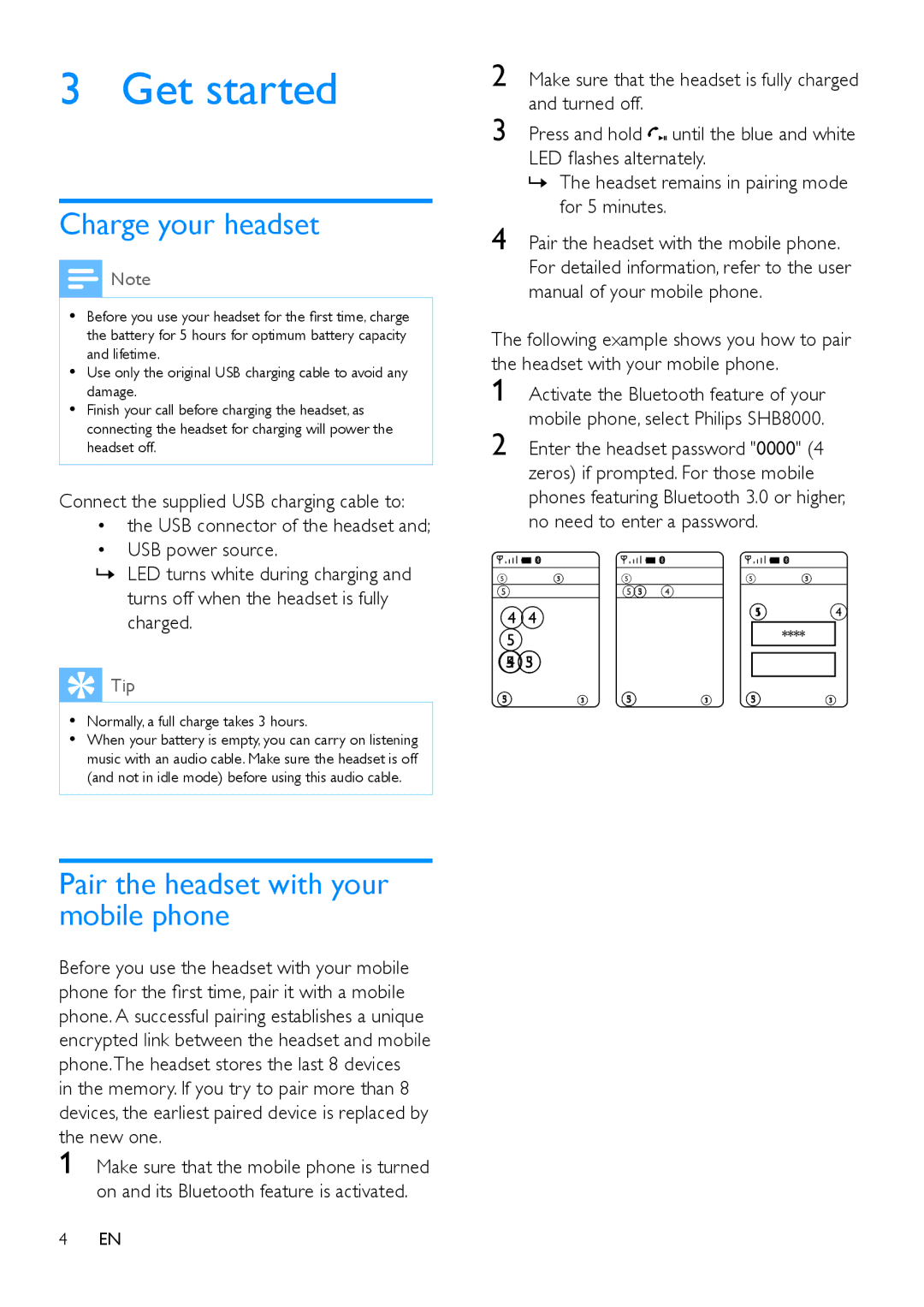 Philips SHB8000 user manual Get started, Charge your headset, Pair the headset with your mobile phone 