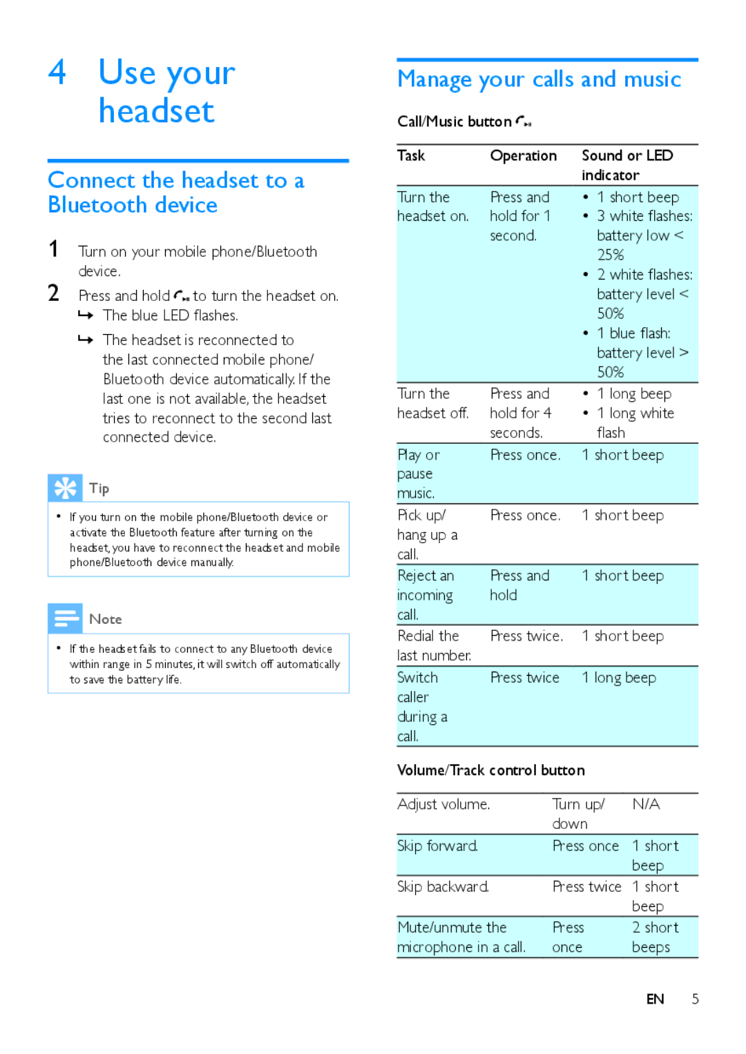 Philips SHB8000 user manual Connect the headset to a Bluetooth device, Manage your calls and music 