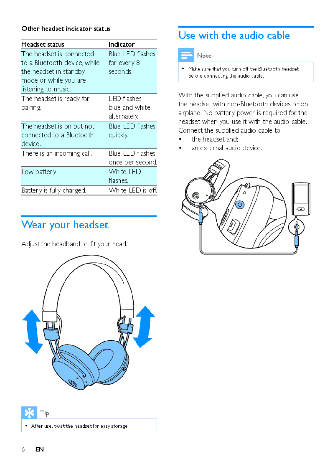 Philips SHB8000 user manual Wear your headset, Use with the audio cable 