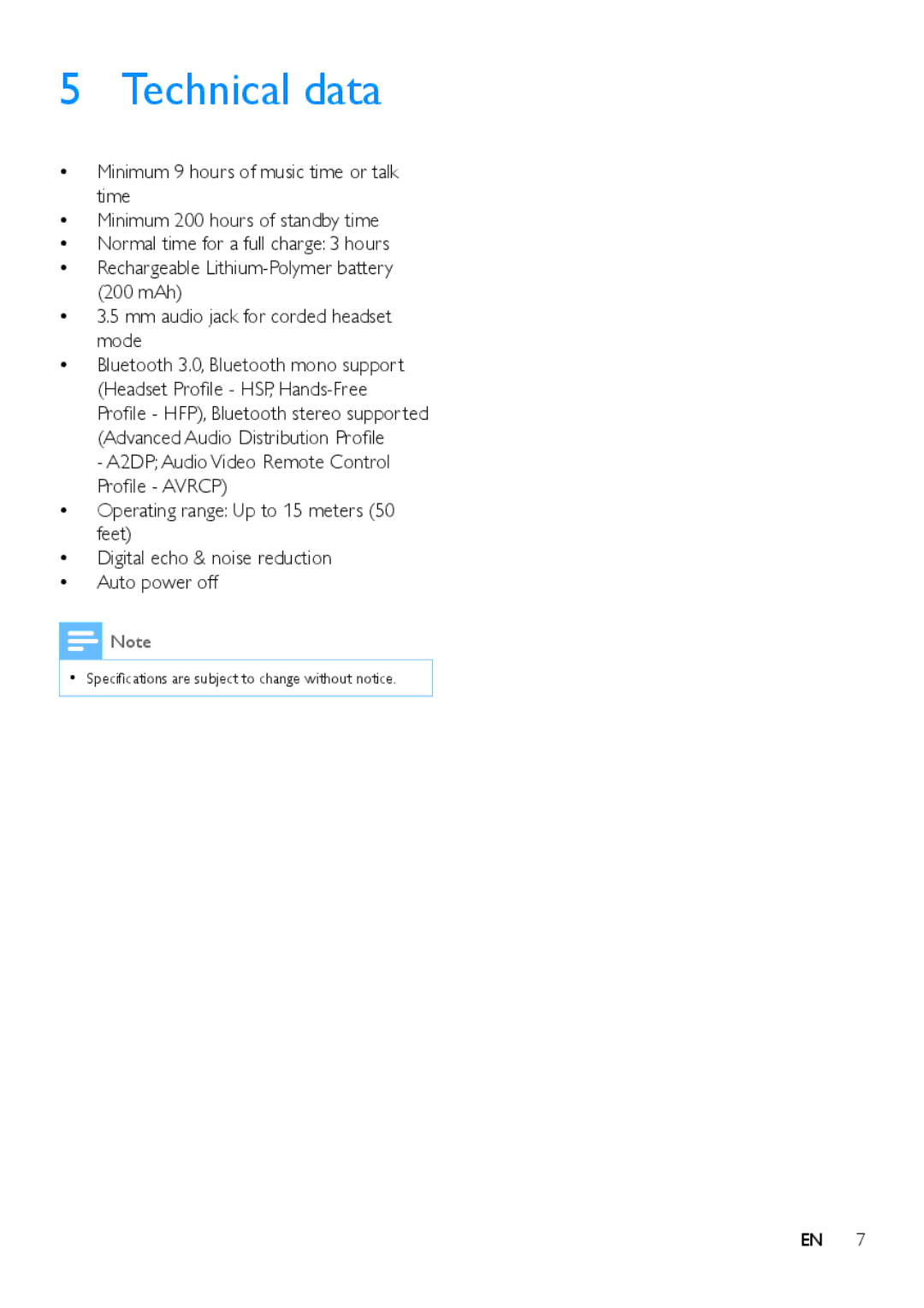 Philips SHB8000 user manual Technical data 